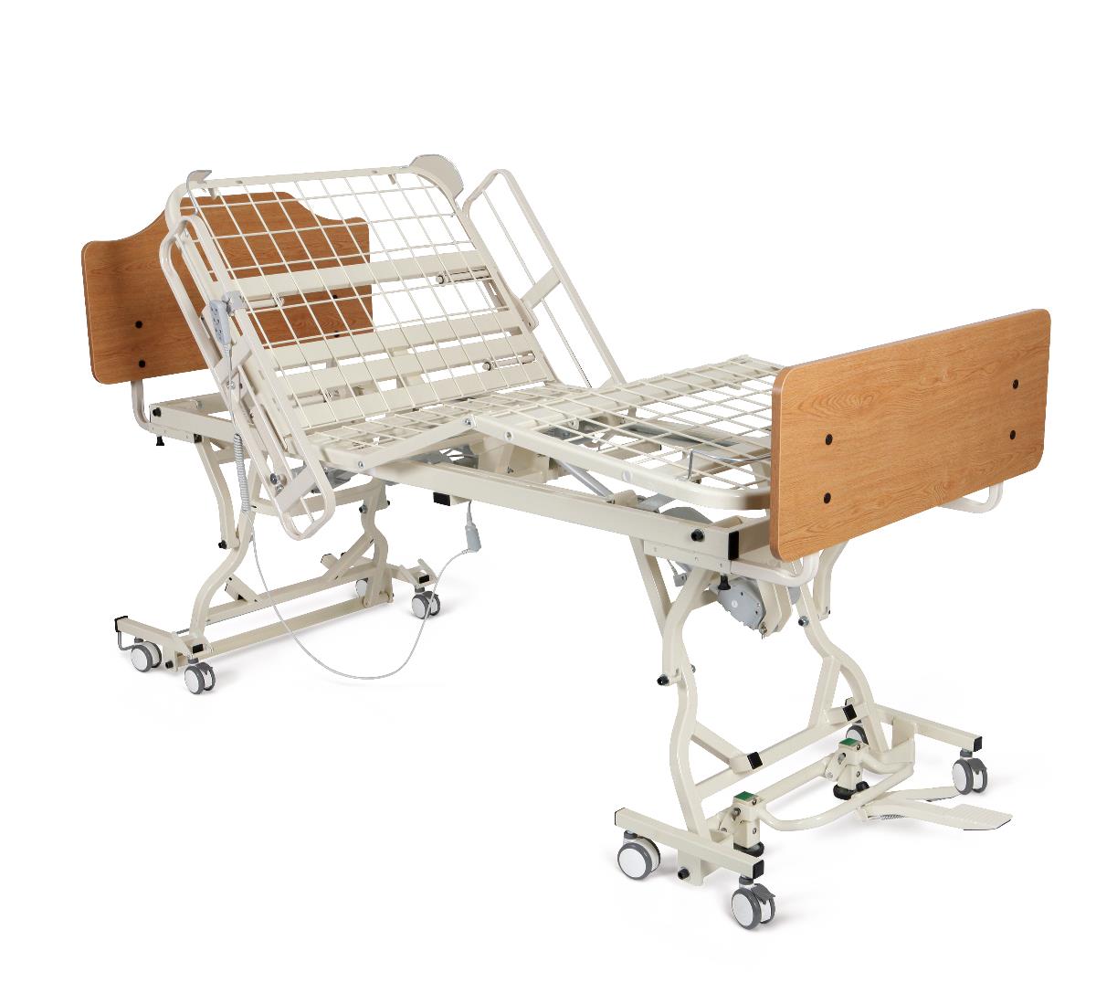 Full electric hi-low hospital bed with raised head section, wood-tone panels, metal side rails, and caster wheels on white