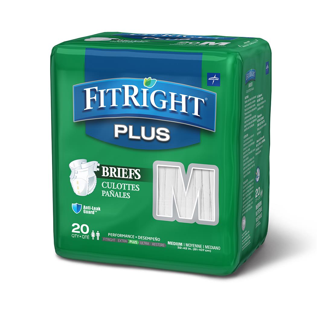 FitRight Plus Incontinence Briefs in green packaging, medium size, 20 count bag with brief illustration