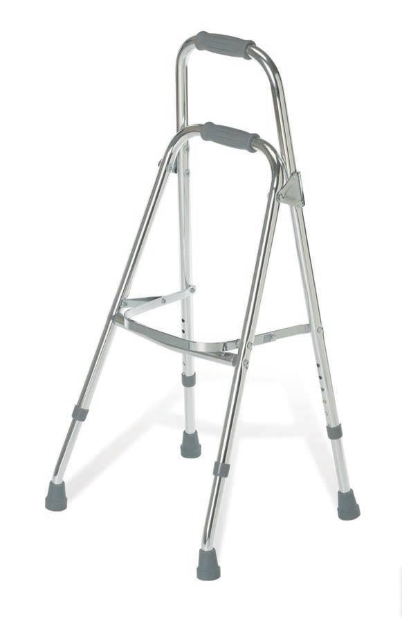 Hemi walker with single side-entry frame, dual padded handgrips, adjustable aluminum legs, and gray rubber tips on white