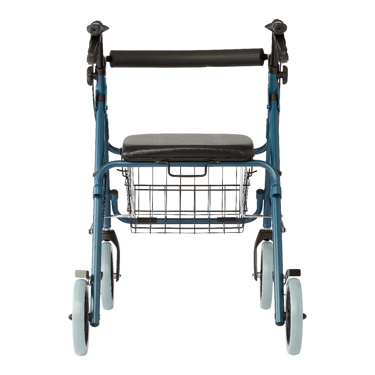 Rollator walker with blue frame, padded seat, back support, wire basket, and four light blue wheels, front view