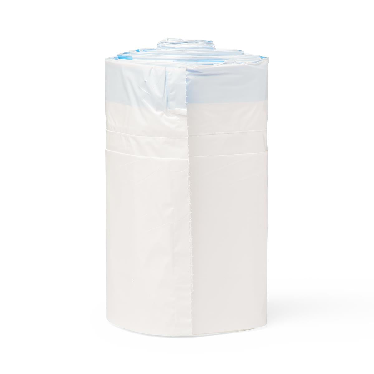 Commode liners roll with blue top edge and white absorbent pads, standing upright on white background