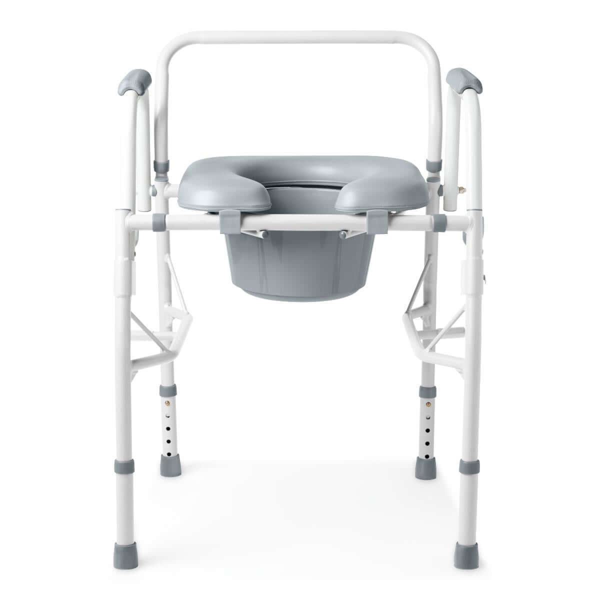 Drop arm commode with white steel frame, gray padded seat, removable bucket, and height-adjustable legs on white background