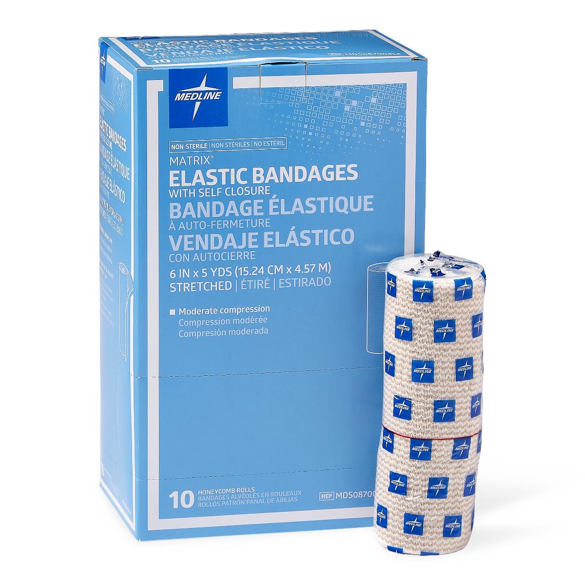 Medline Matrix elastic bandage roll with self-closure beside blue box of 10, honeycomb weave pattern with blue logo print