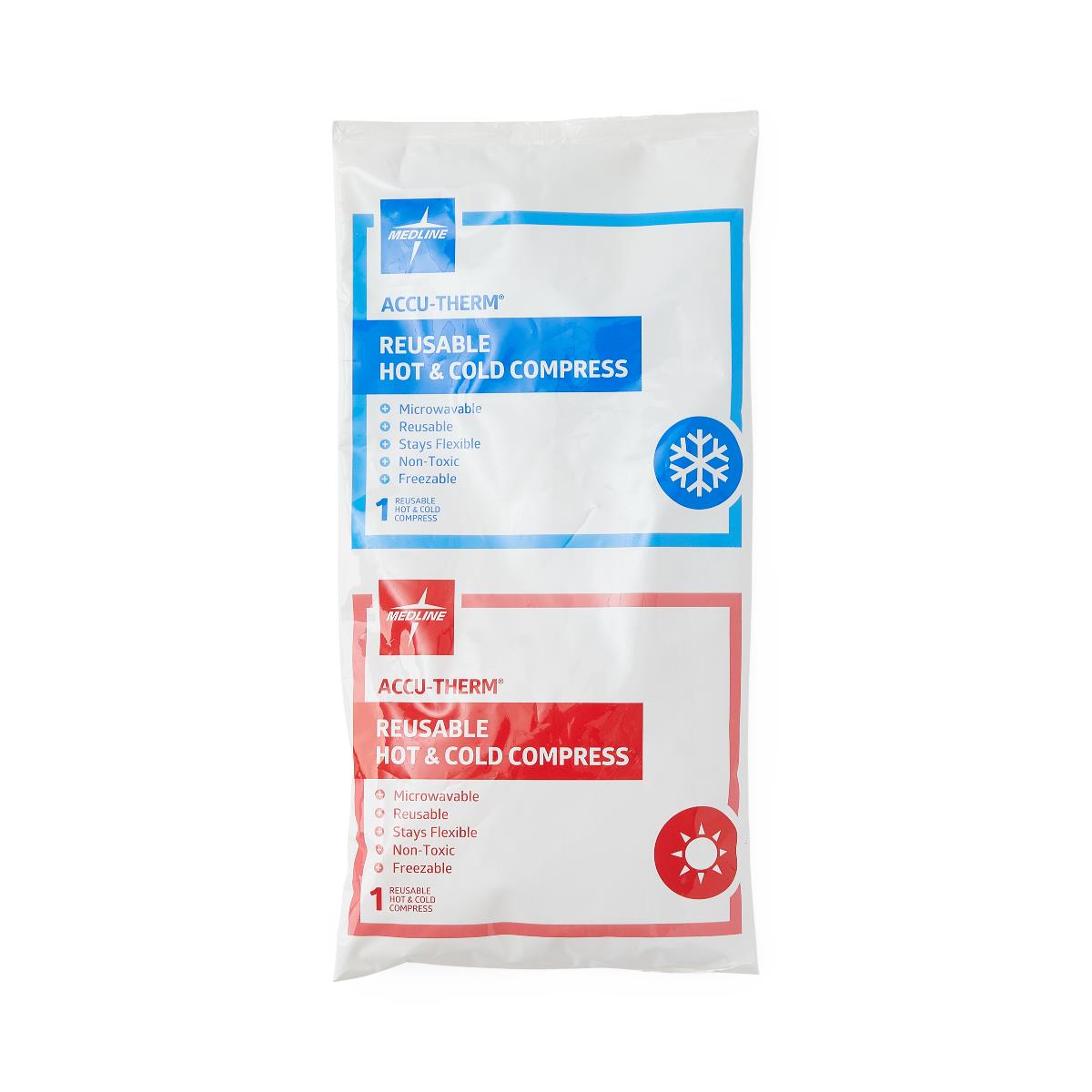 Reusable hot and cold gel compress in sealed packaging showing blue cold and red hot labeling on both sides