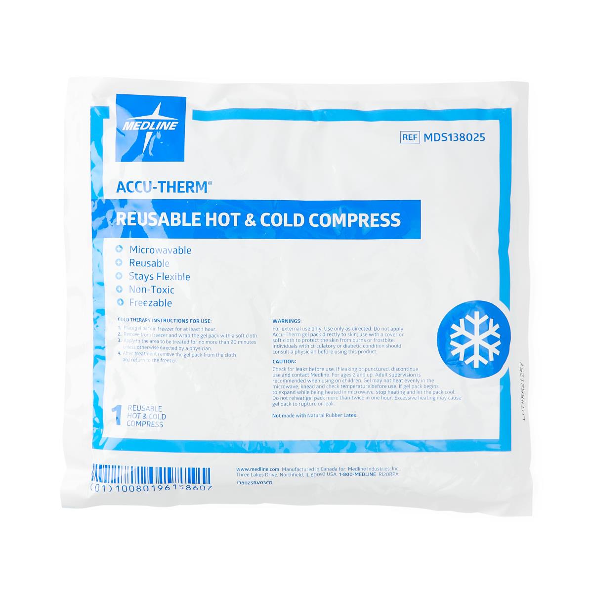Reusable hot and cold gel compress in sealed packaging with blue and white label showing product details and snowflake icon