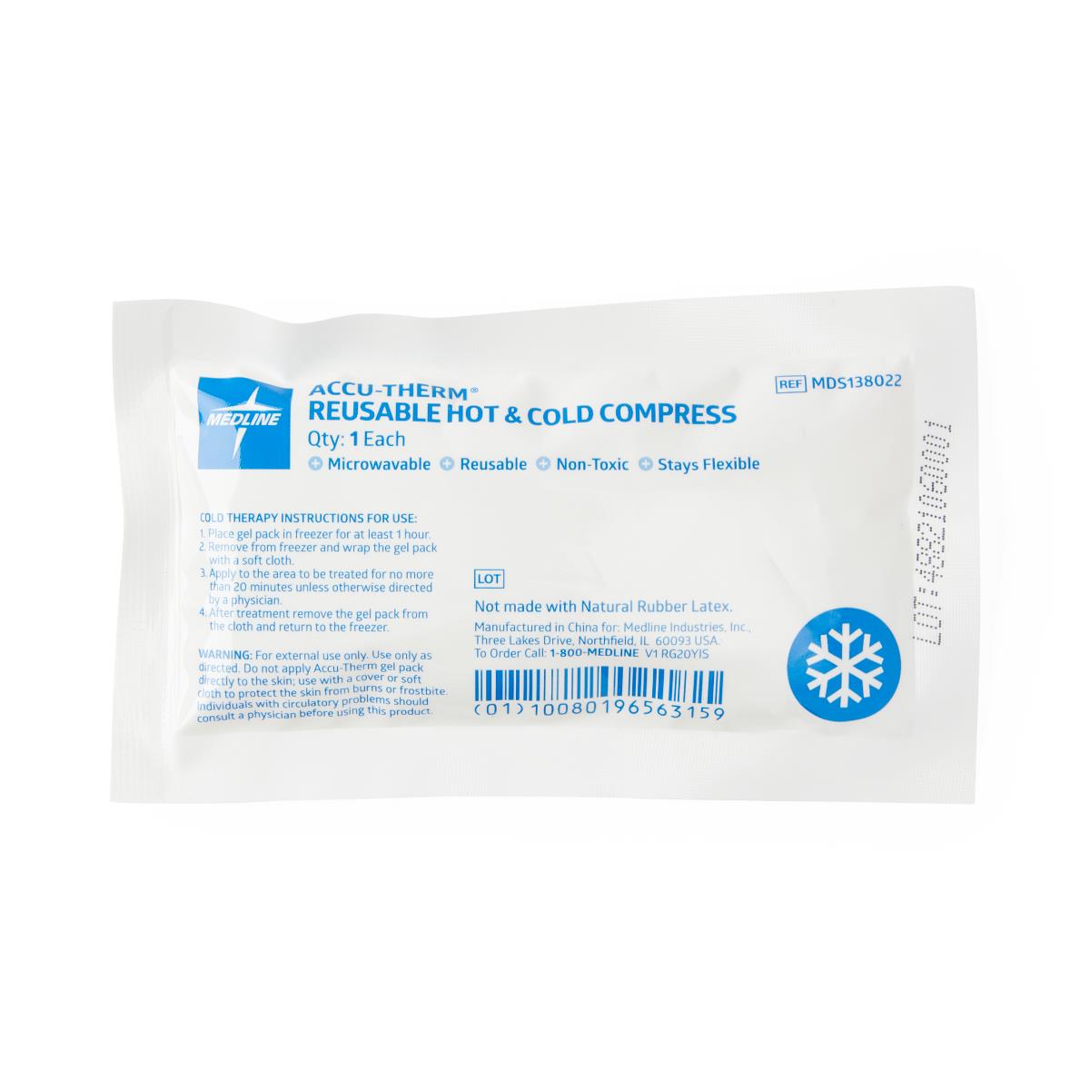Reusable hot and cold gel pack in white packaging with blue snowflake icon and usage instructions printed on front