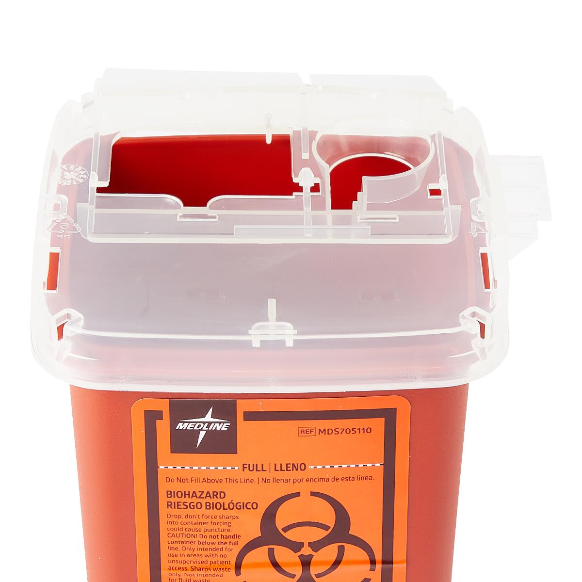 Sharps container in red with clear flip-top lid, biohazard label, and fill line indicator on white background