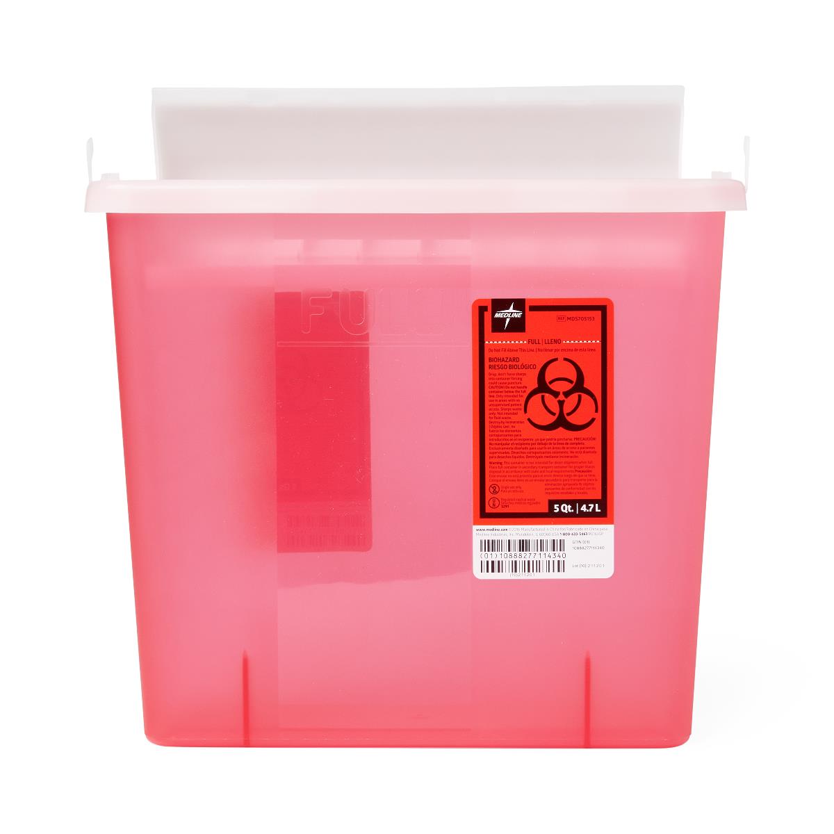 Sharps container in translucent red plastic with white lid, biohazard label, and wall-mount design, shown on white background