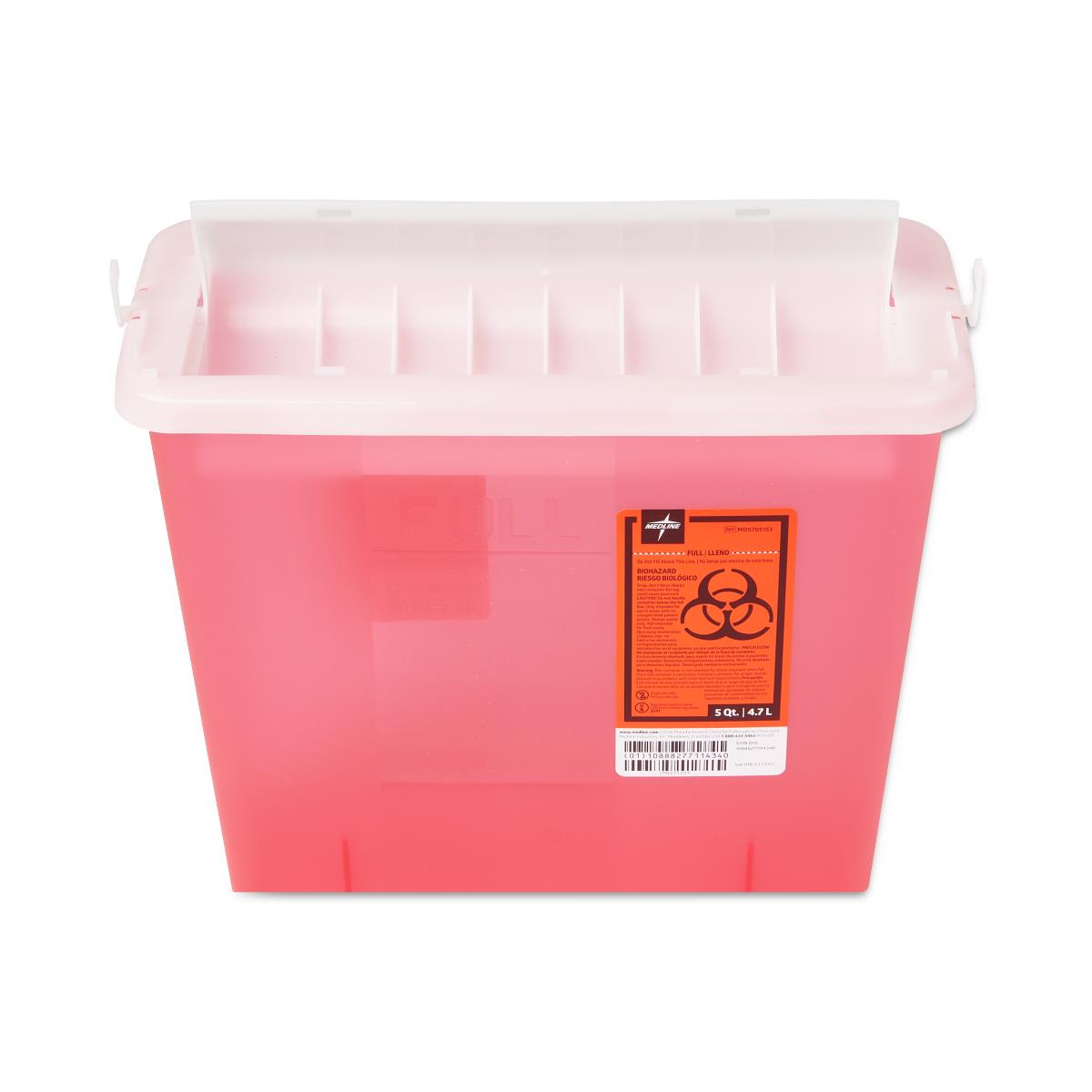 Sharps container, 5-quart red translucent plastic with white horizontal-entry lid and orange biohazard label, wall-mountable