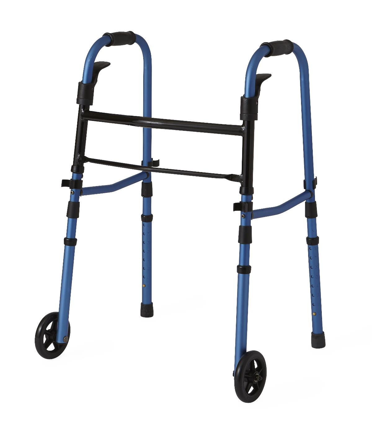 Folding paddle walker in blue aluminum with black handles, dual front wheels, rubber tips, and height-adjustable legs