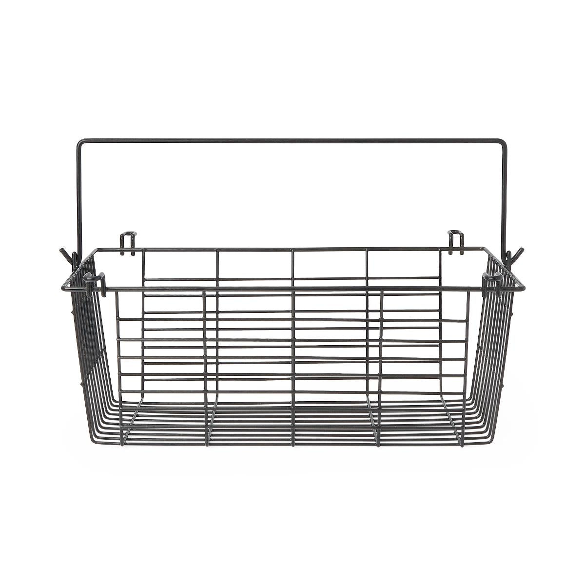 Rollator basket with black wire mesh construction, folding handle, and side mounting hooks