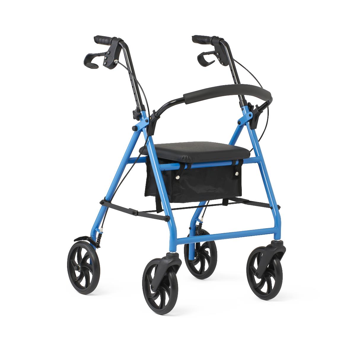 Rollator walker with blue frame, black padded seat, backrest, hand brakes, under-seat bag, and four 8-inch wheels
