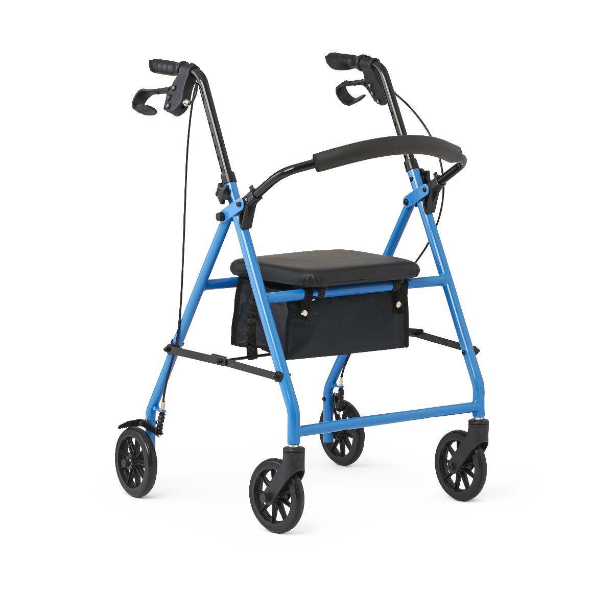 Basic rollator with blue frame, padded seat, under-seat bag, loop hand brakes, and four black wheels on white background