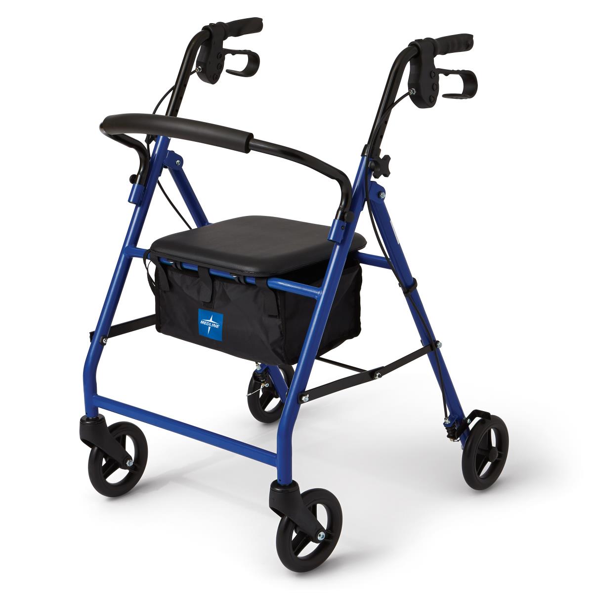 Rollator walker with blue frame, padded seat, loop brakes, four black wheels, and an underseat storage bag