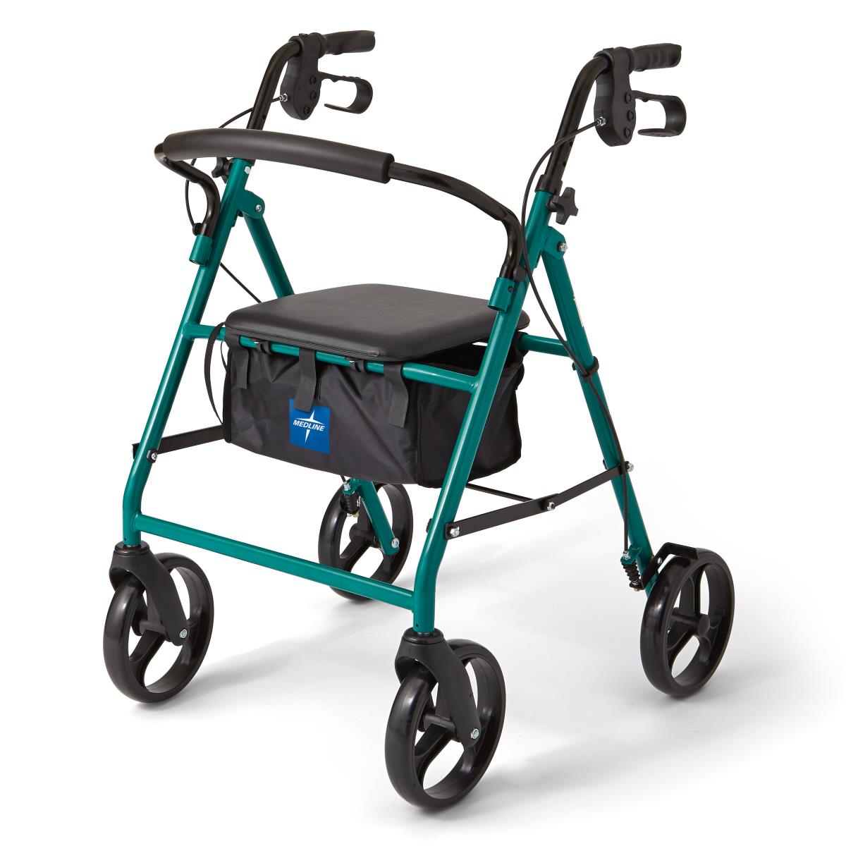 Rollator walker with teal frame, padded seat, back support, hand brakes, storage bag, and large black wheels