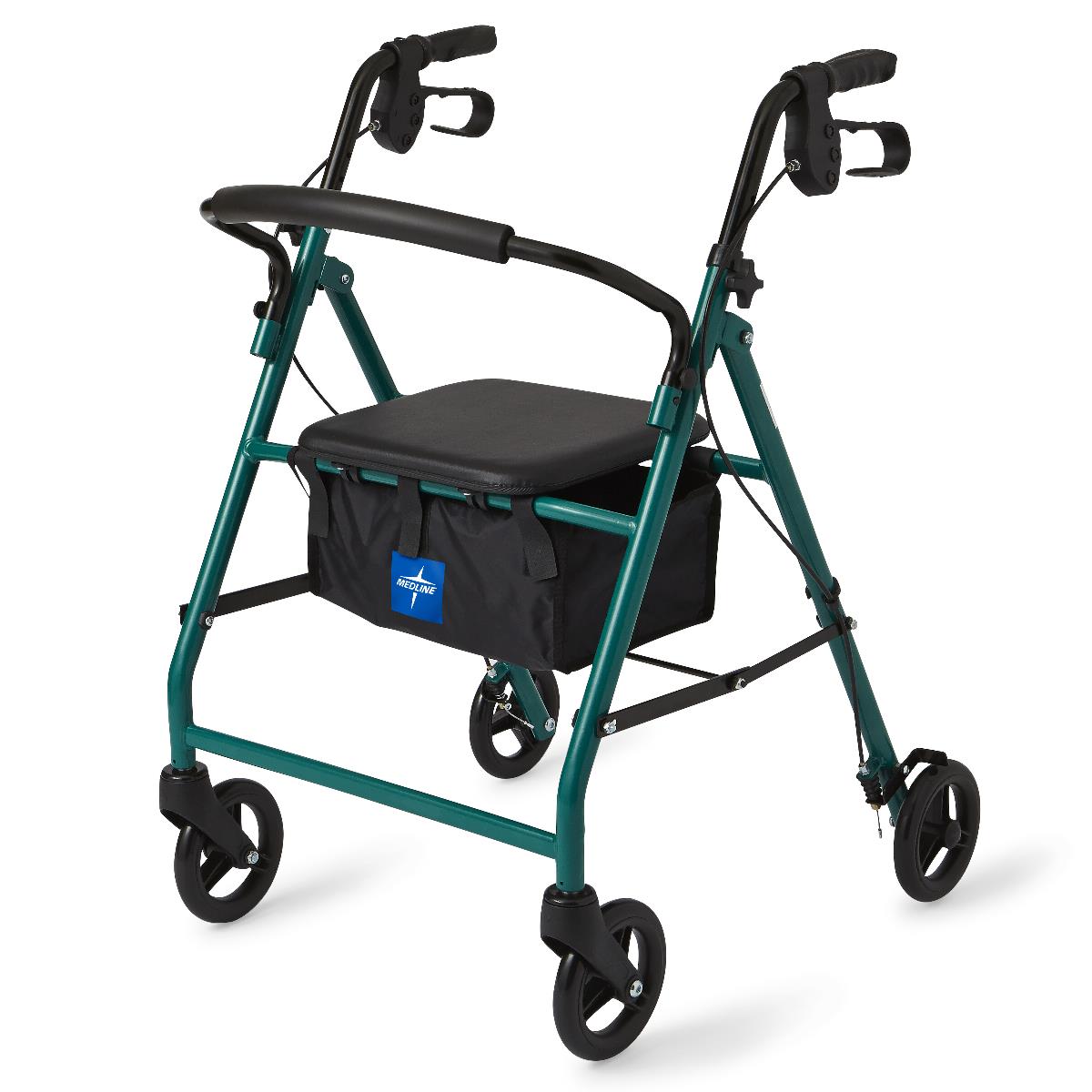 Basic rollator with teal aluminum frame, padded seat, hand brakes, underseat bag, and four black wheels