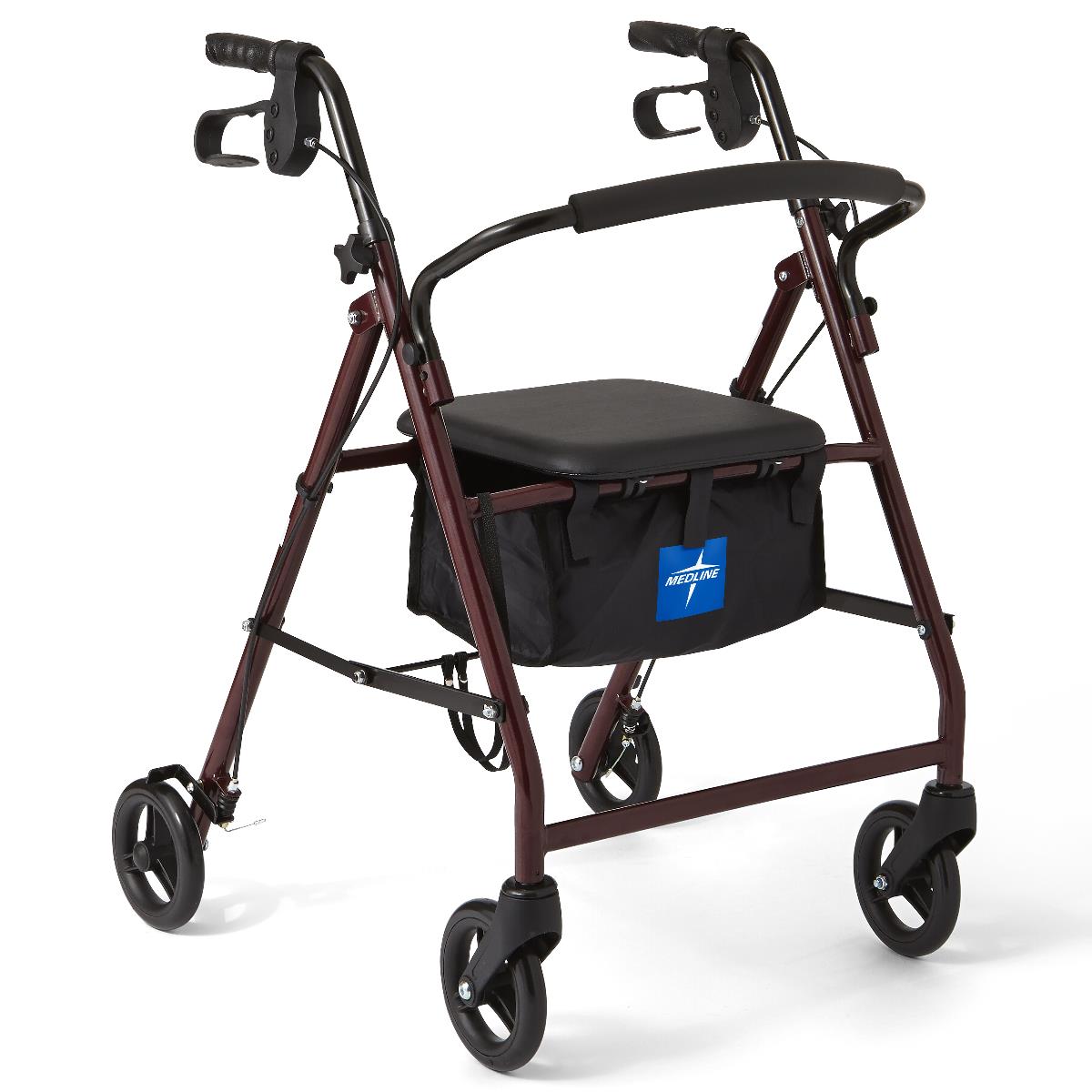 Rollator walker with burgundy frame, padded seat, hand brakes, under-seat storage bag, and four black wheels