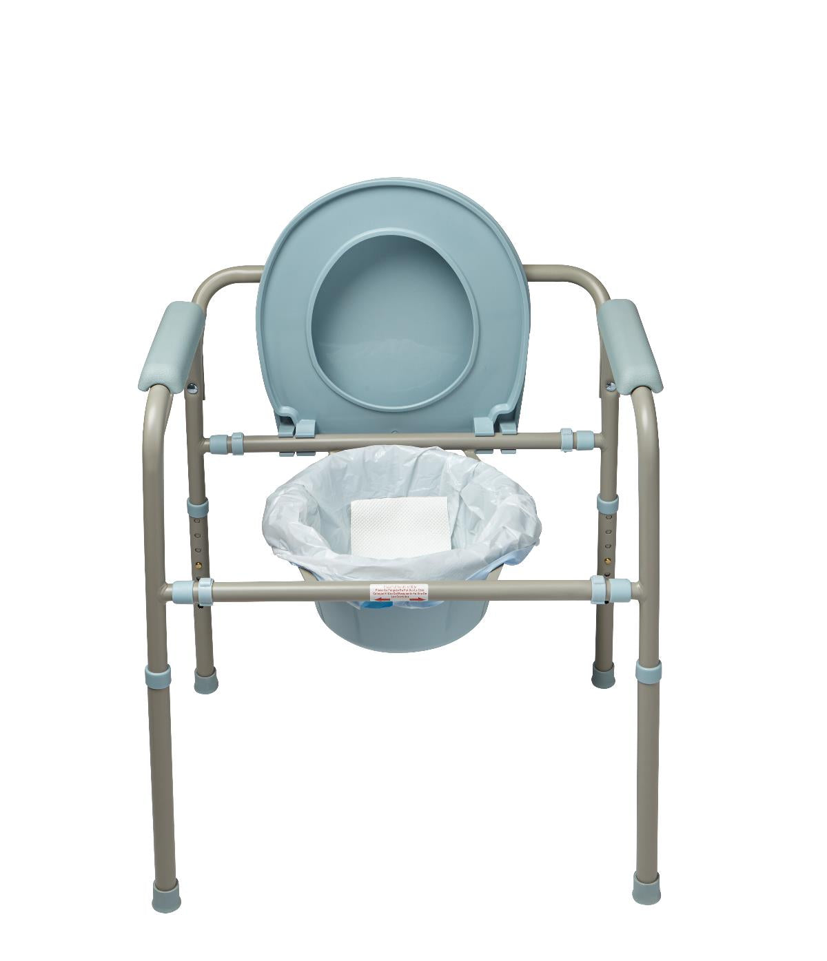 Folding bedside commode chair with blue seat and lid, showing a white liner with absorbent pad fitted in the bucket
