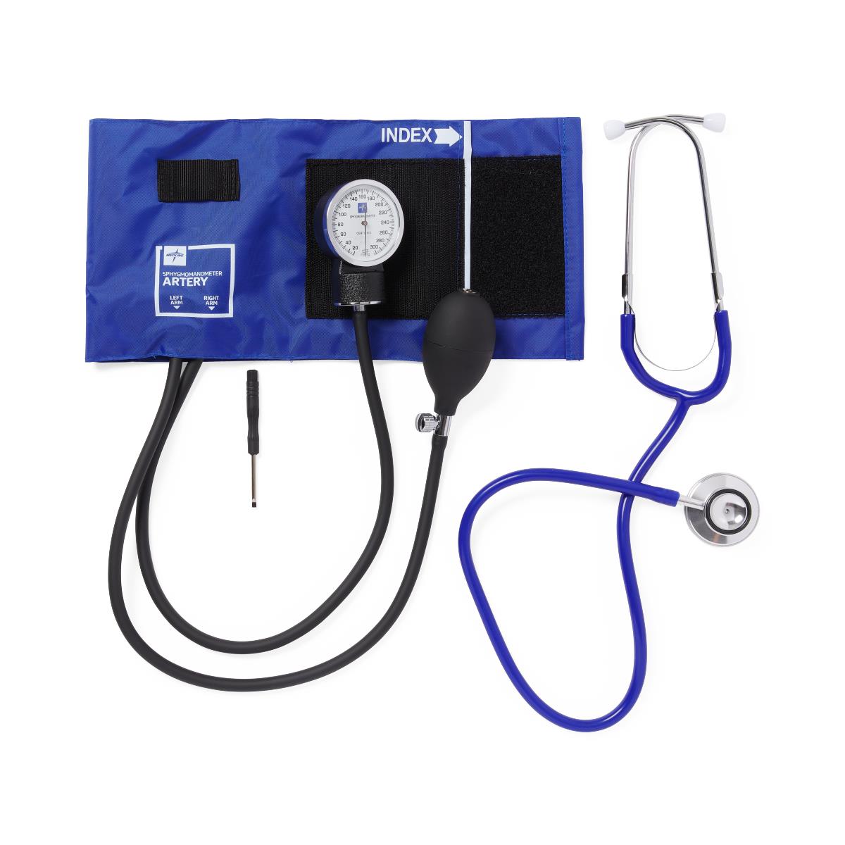Aneroid blood pressure monitor kit with royal blue cuff, gauge, bulb, and matching blue stethoscope on white background