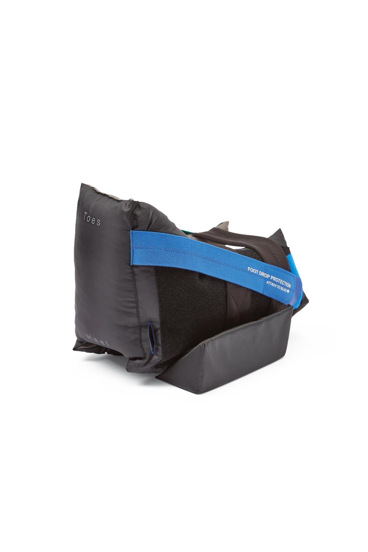Heel protector boot with padded toe and heel sections, blue foot drop protection strap, and hook-and-loop fasteners, in dark