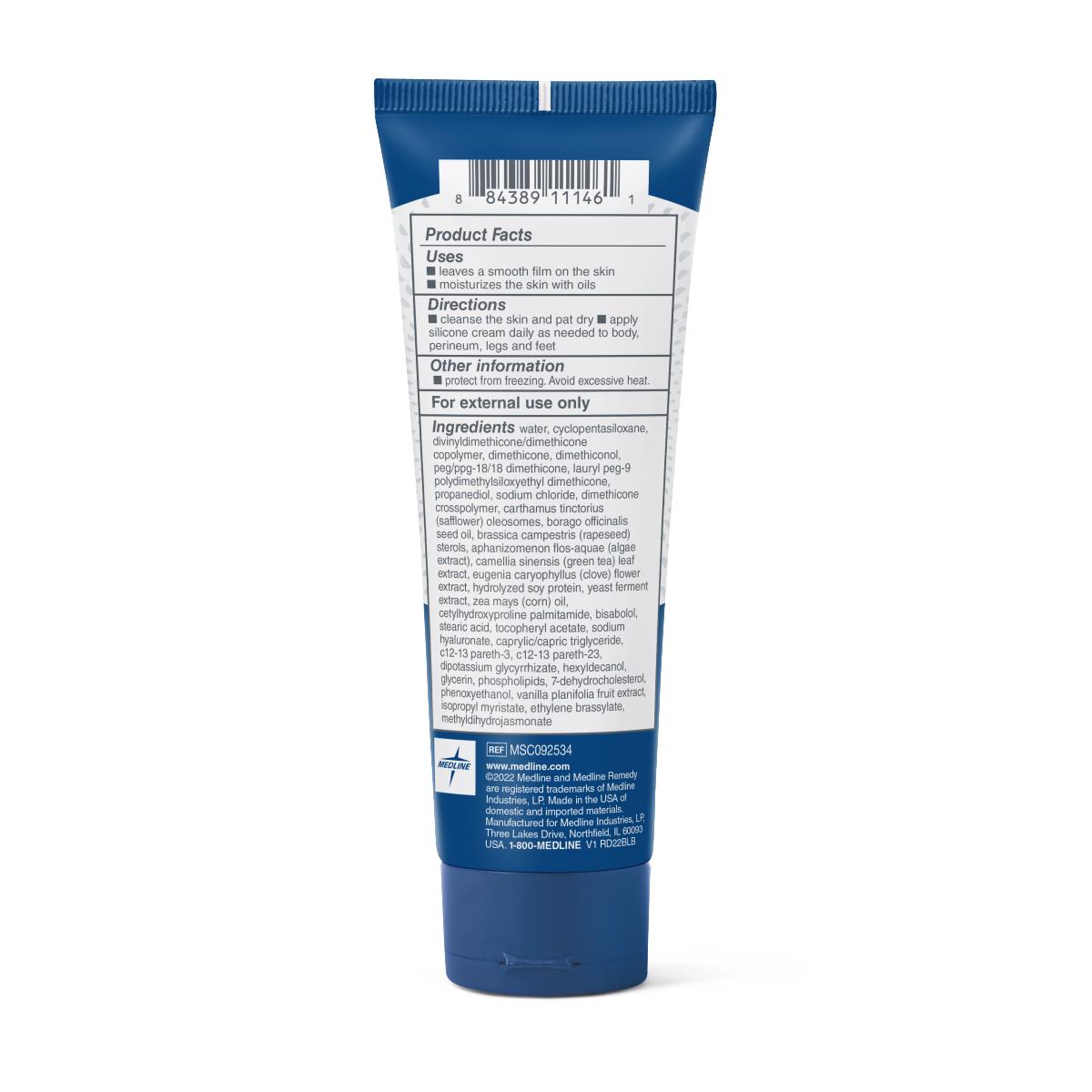 Medline Remedy Clinical Silicone Cream tube showing back label with product facts, directions, and ingredients list