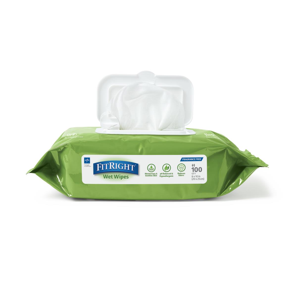 Wet wipes pack in green packaging with flip-top lid open, showing a white wipe pulled out, labeled fragrance-free, 100 count