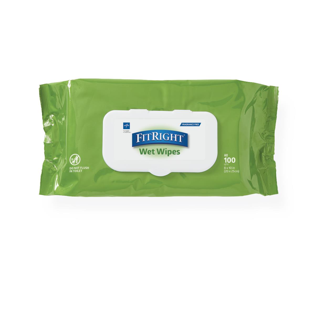 Wet wipes package in green with flip-top lid, fragrance-free, 100 count, 8x10 inches