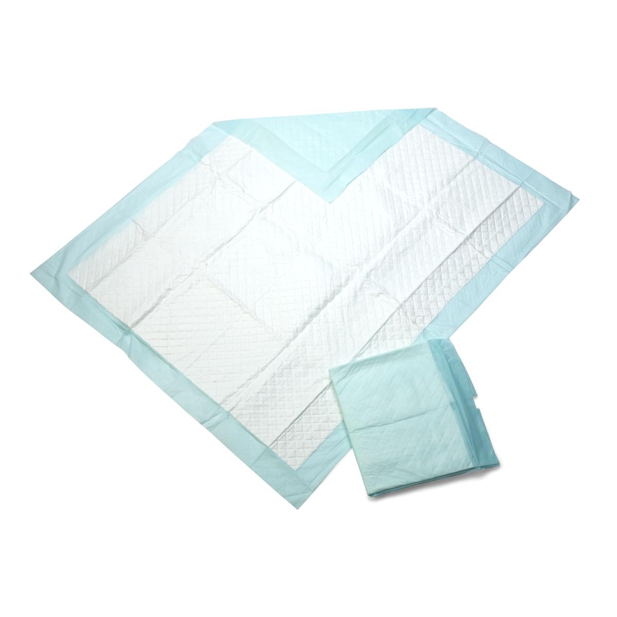 Disposable underpads with white quilted absorbent center and teal border, one pad fully unfolded and one folded beside it