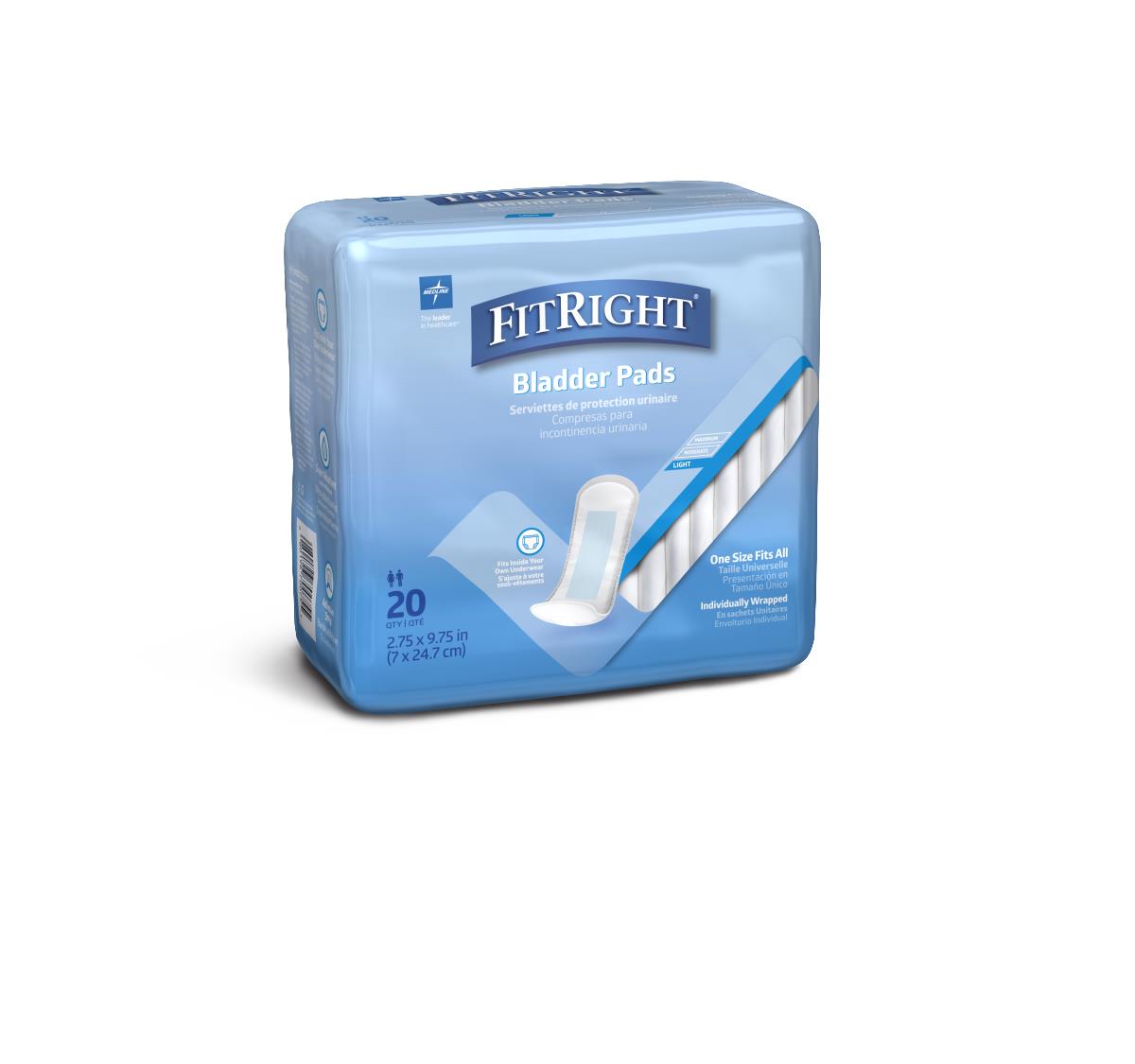 Bladder control pads in light blue FitRight packaging, count of 20, individually wrapped, one size fits all