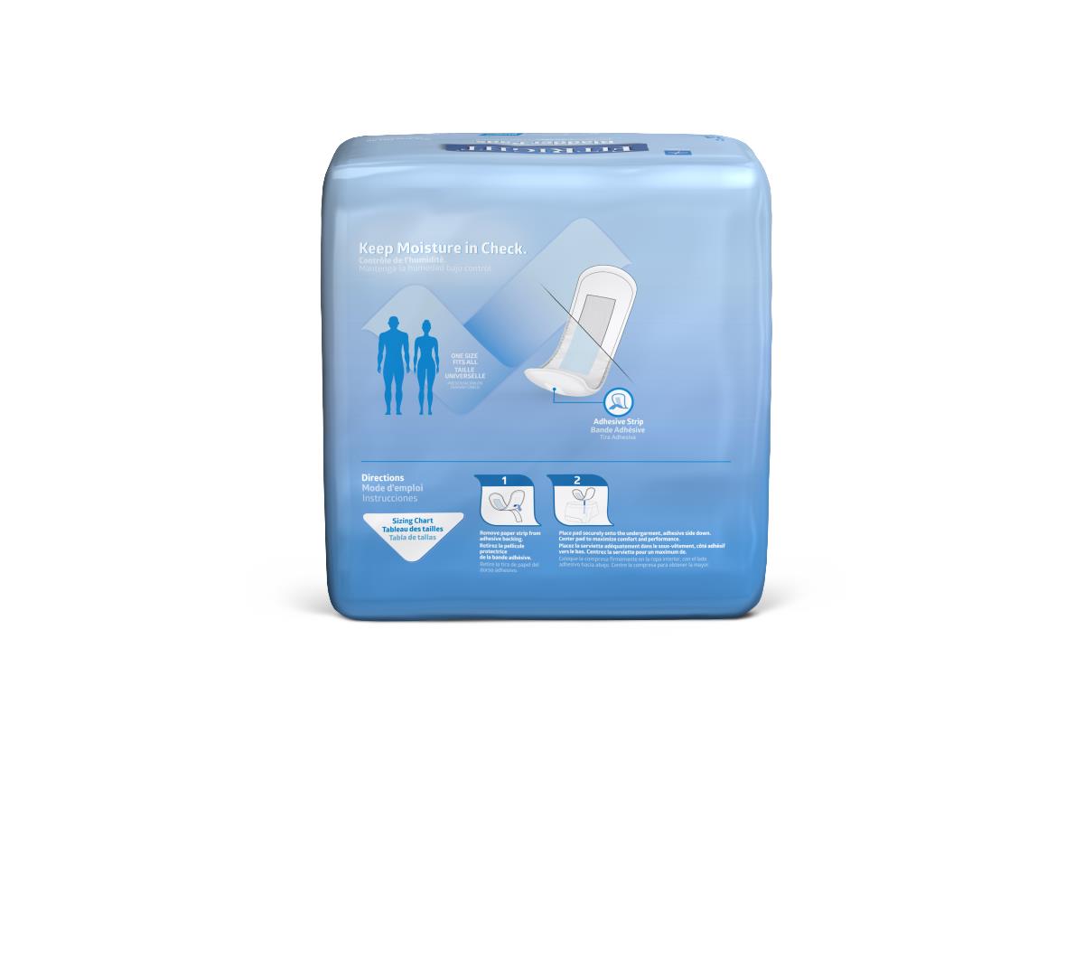 Bladder control pads package in light blue packaging showing one-size design, adhesive strip feature, and usage directions