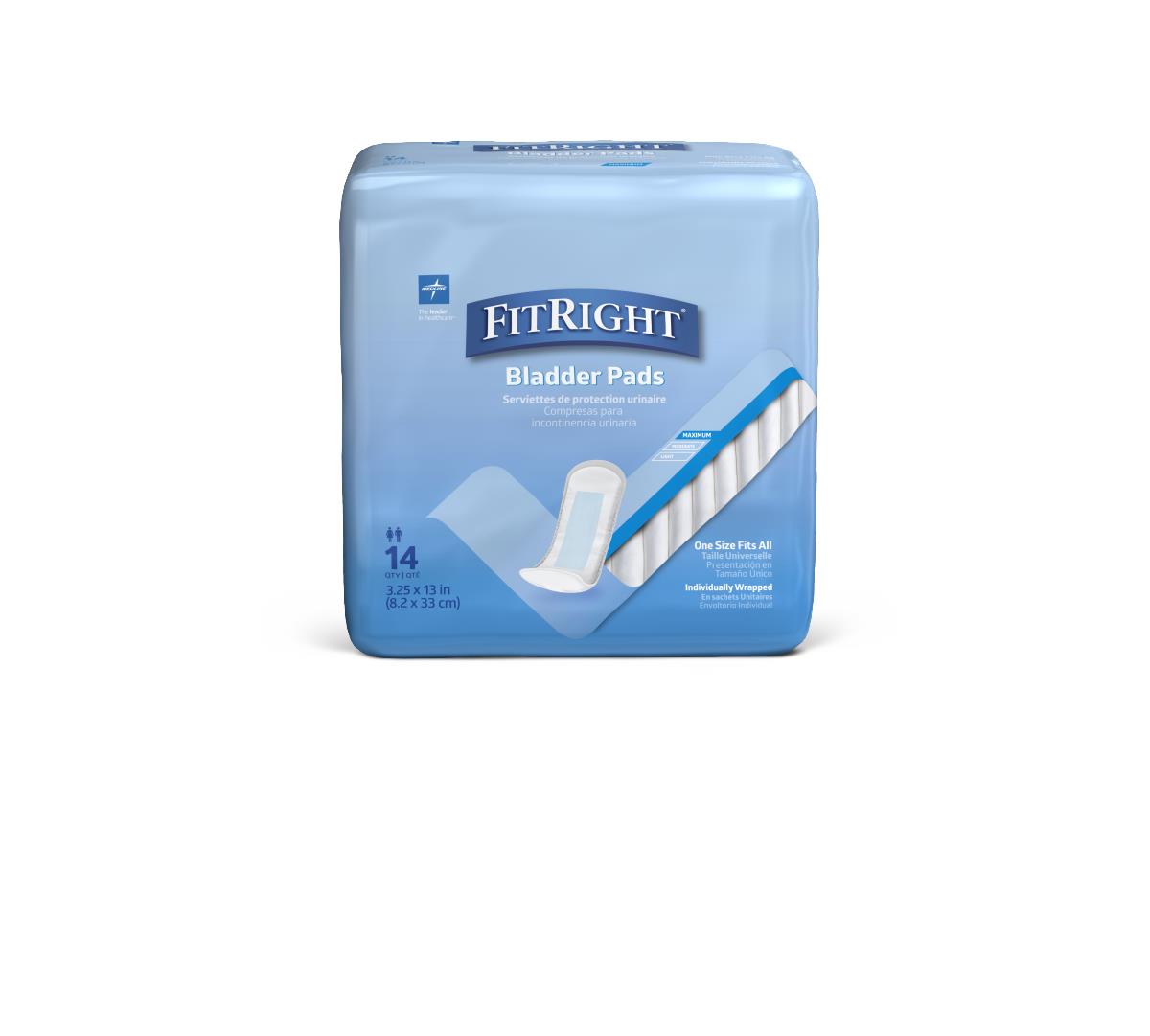 Bladder control pads in light blue FitRight packaging, 14-count, individually wrapped, one size fits all, shown on white