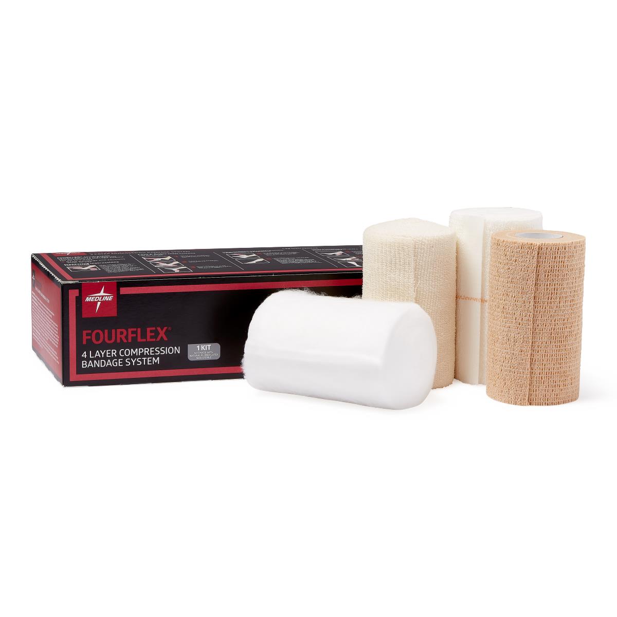 Four-layer compression bandage system kit with black product box and four bandage rolls in white and tan colors displayed