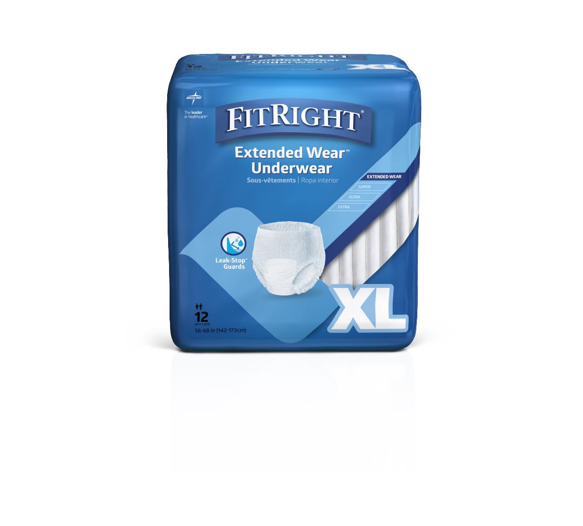 Protective underwear package in blue labeled FitRight Extended Wear, XL size, 12 count, showing white pull-on style garment