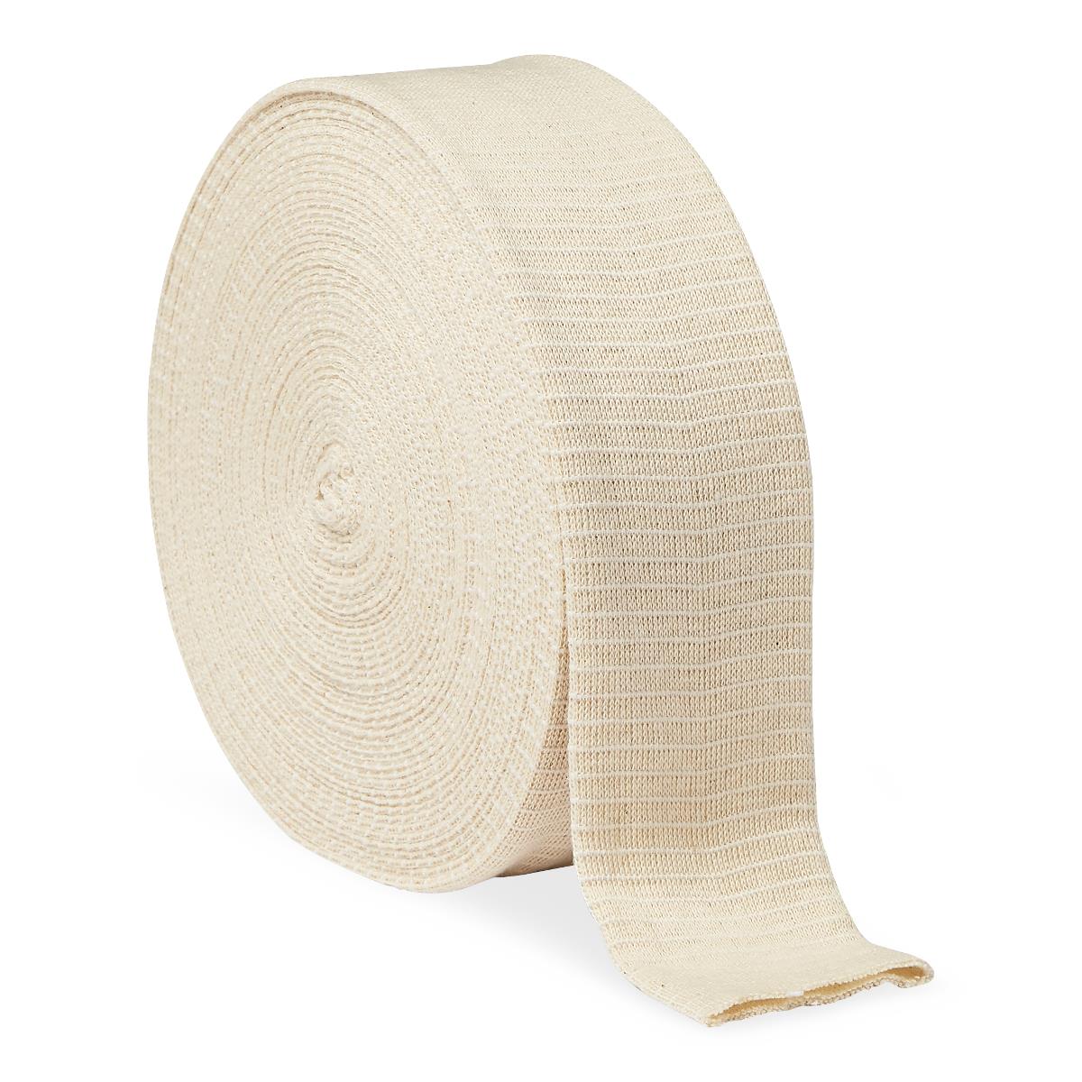 Tubular elastic bandage roll in natural beige cotton knit fabric, shown upright with free end unrolled at base
