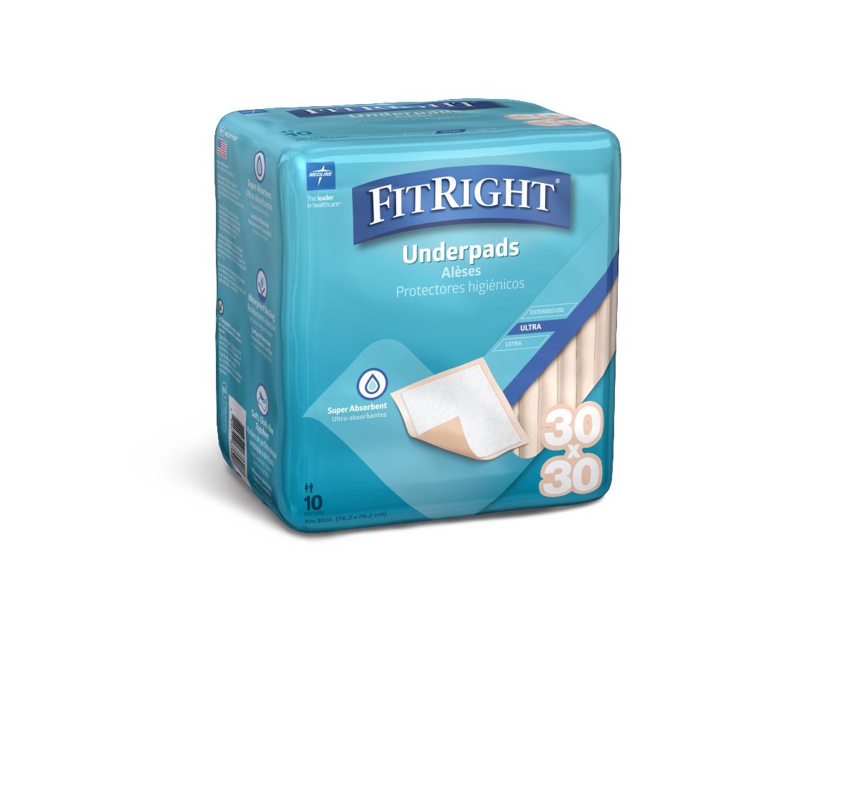 FitRight Underpads in teal plastic packaging, 30x30 size, 10-count, super absorbent, with pad image on front