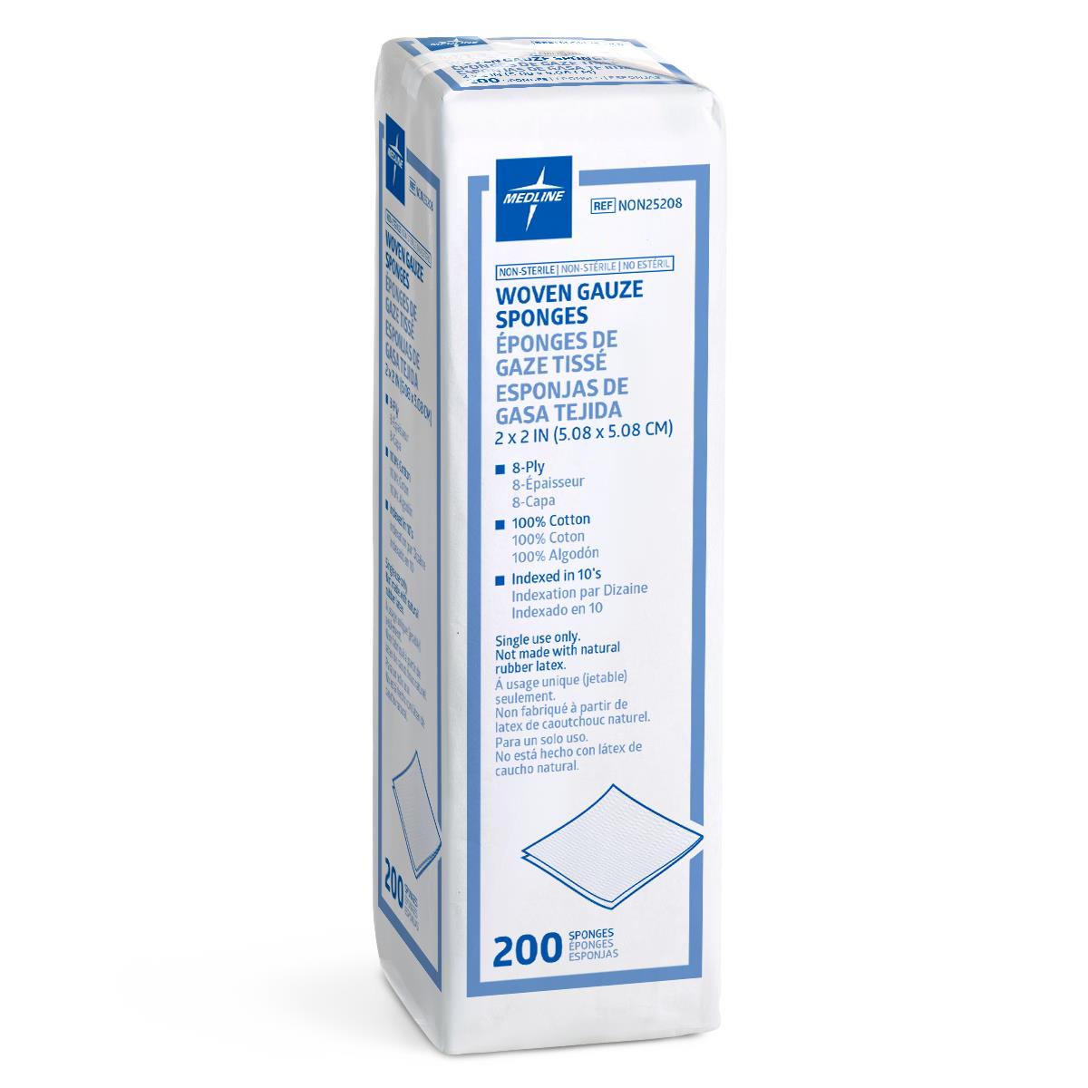 Gauze sponges package containing 200 non-sterile woven cotton 2x2 inch 8-ply sponges in white and blue packaging