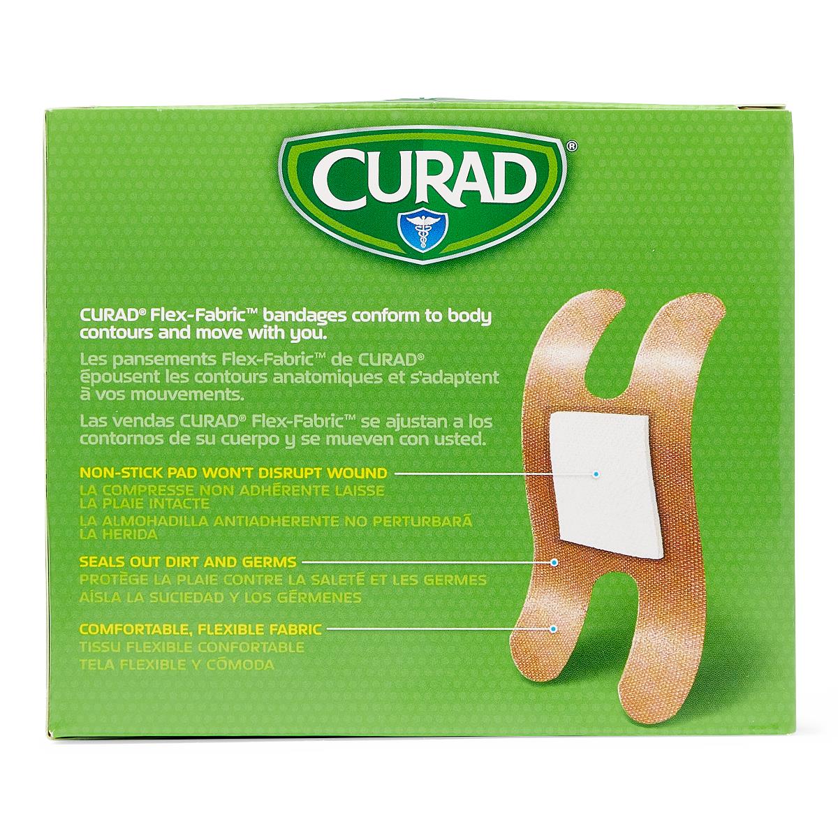 Adhesive bandage box back panel showing CURAD Flex-Fabric bandage illustration with feature callouts on green packaging