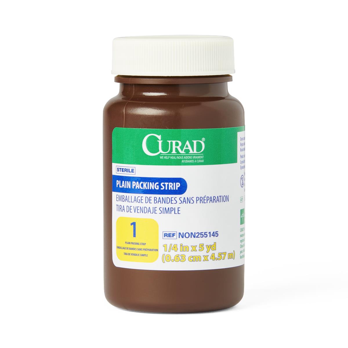 Sterile plain gauze packing strip in brown plastic jar with white cap, labeled Curad, 1/4 in x 5 yd