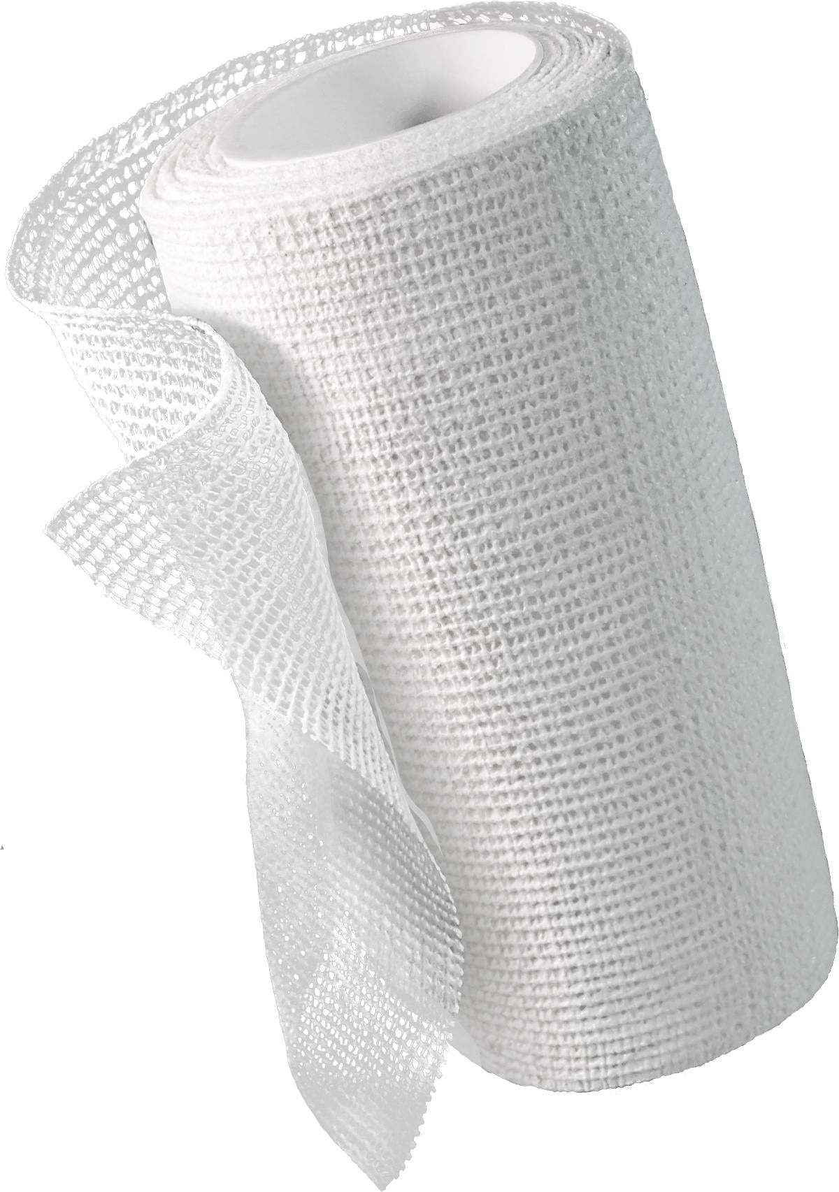 Unna boot bandage roll with open-weave white gauze fabric partially unrolled, showing textured mesh construction