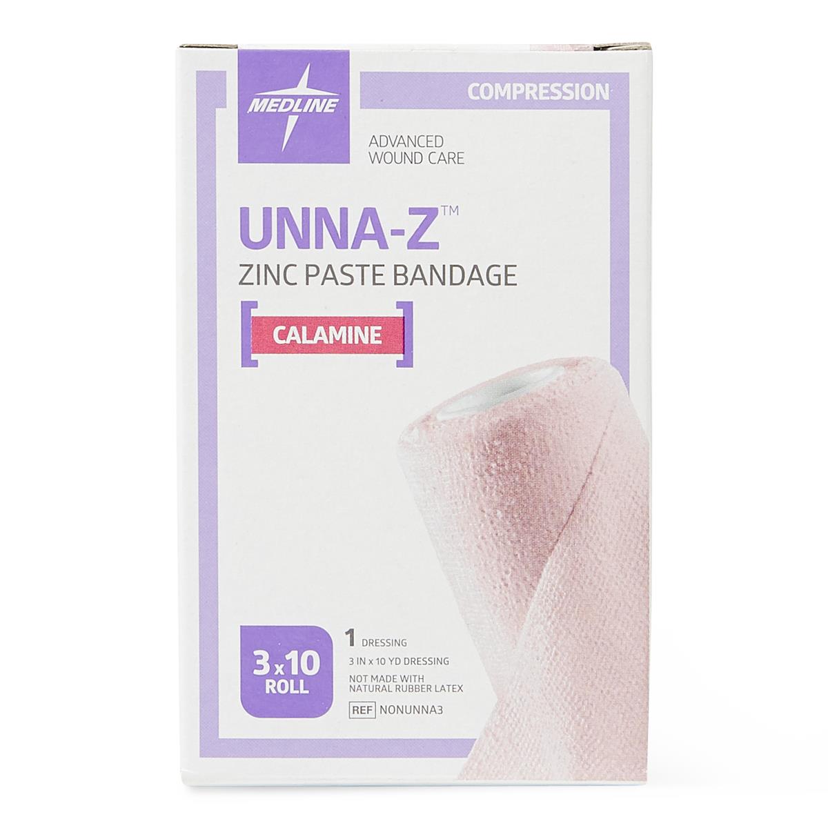 Medline Unna-Z zinc paste compression bandage with calamine in white and purple retail box with pink bandage roll visible