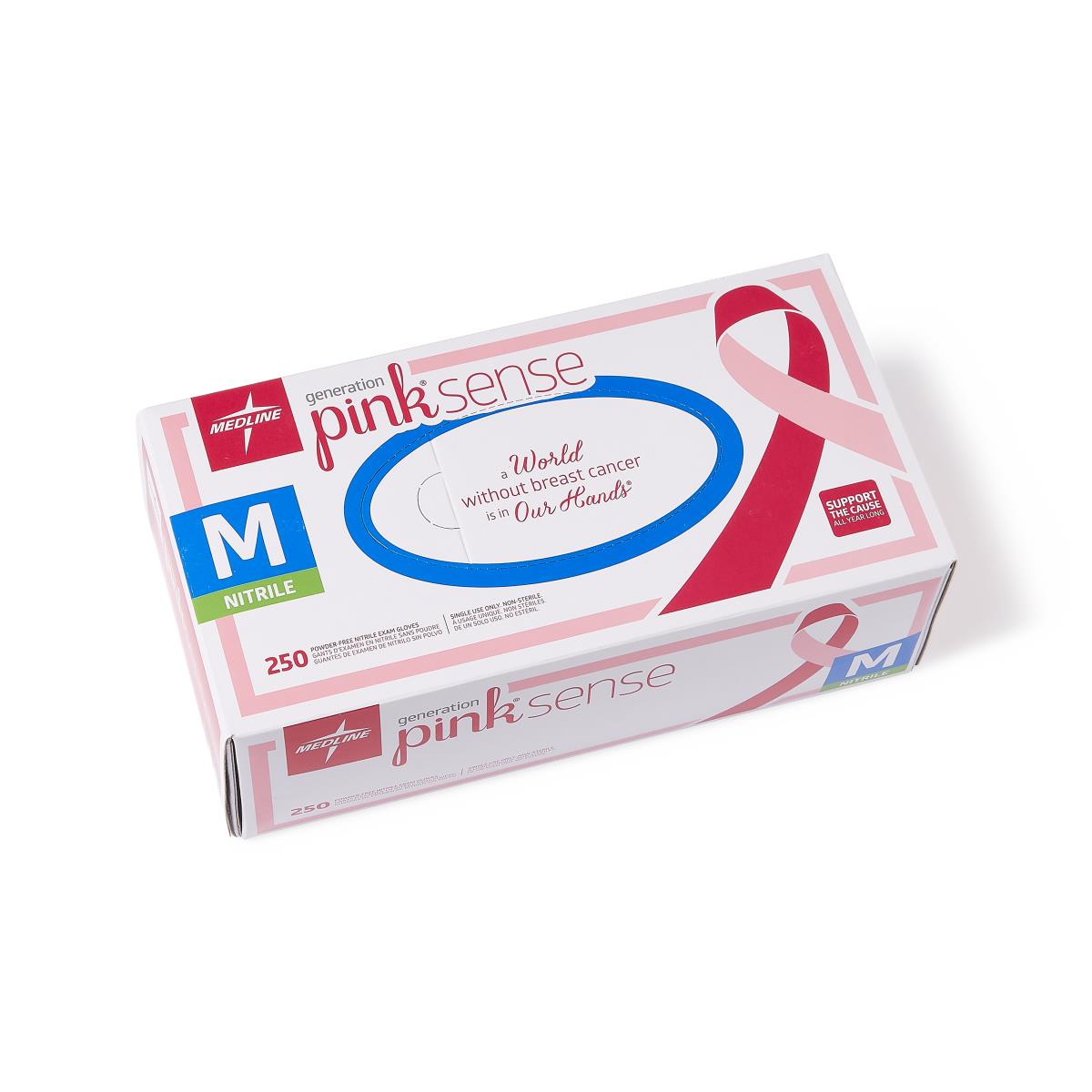 Medline Generation Pink Sense powder-free nitrile exam gloves box, size medium, 250 count, with pink ribbon breast cancer