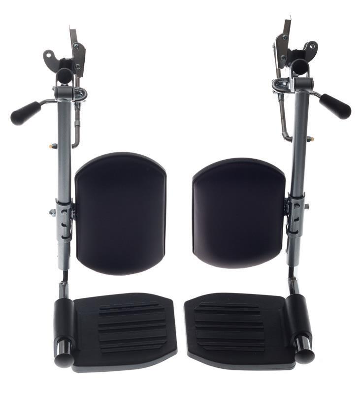 Wheelchair elevating leg rest pair with gray metal frames, black calf pads, footplates, and mounting hardware shown flat