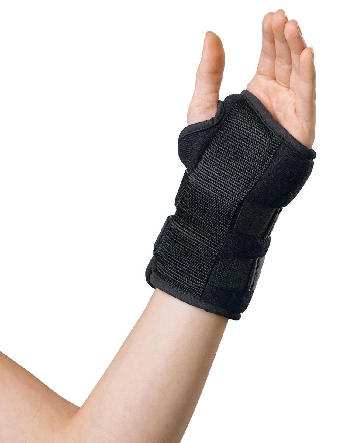 Wrist splint in black with adjustable straps and palmar stay worn on a raised right hand and forearm