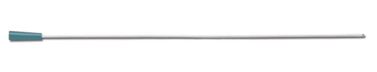 Vinyl urethral catheter with teal funnel end and smooth rounded tip on a long flexible shaft