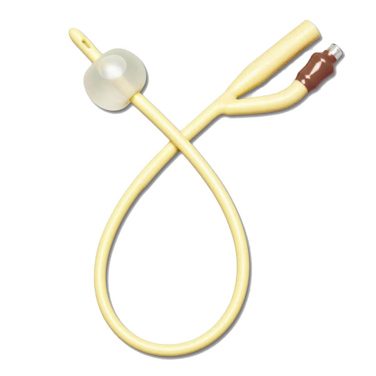 Foley catheter with inflated retention balloon, two-way bifurcated hub with brown valve port, yellow latex tubing on white