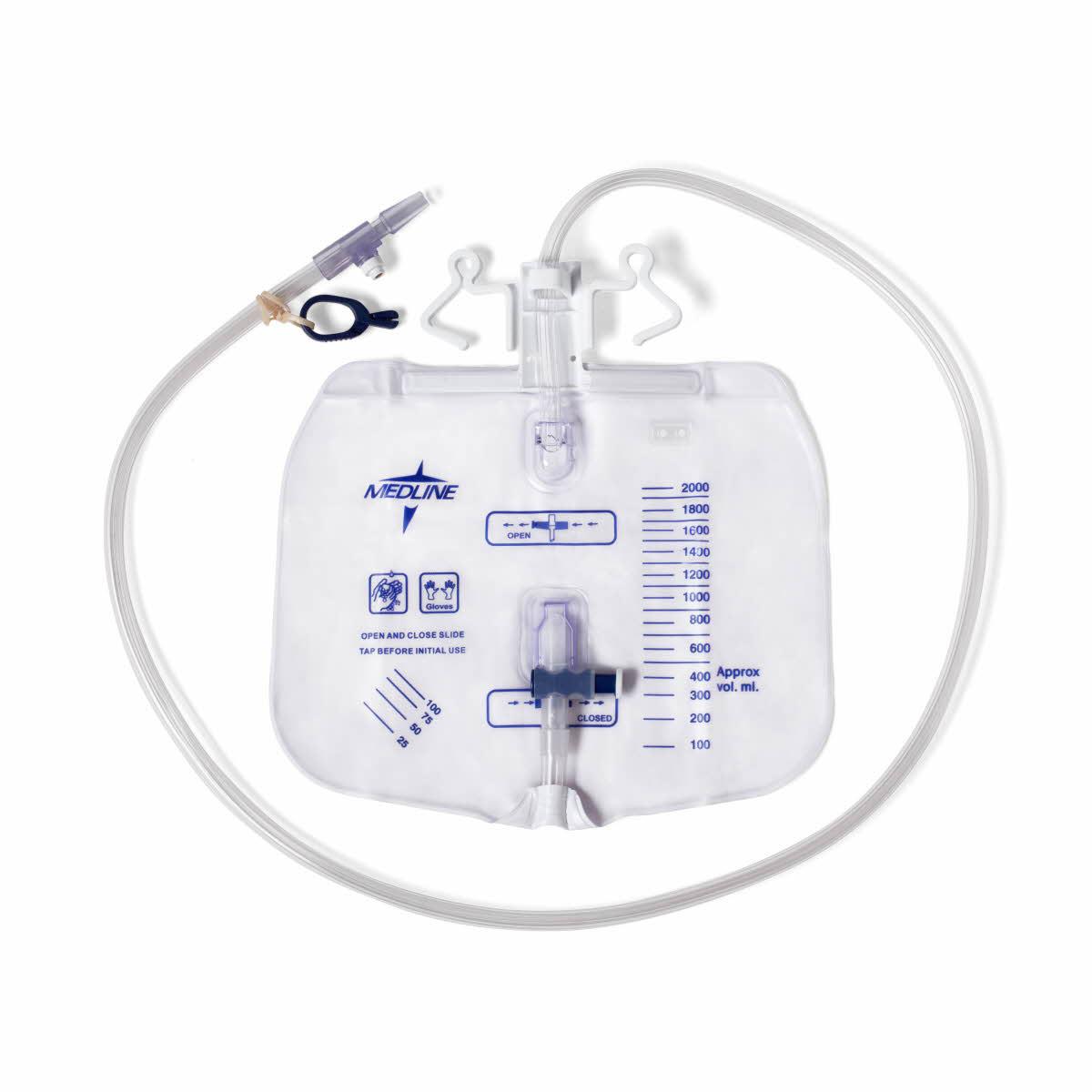 Urinary drainage bag with clear plastic pouch, volume markings up to 2000ml, slide tap valve, tubing, and hanger hooks