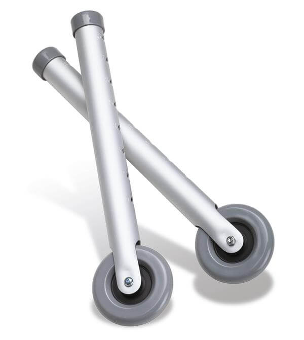 Walker fixed rubber wheels, a pair of silver aluminum legs with gray 3-inch wheels attached, shown on white background