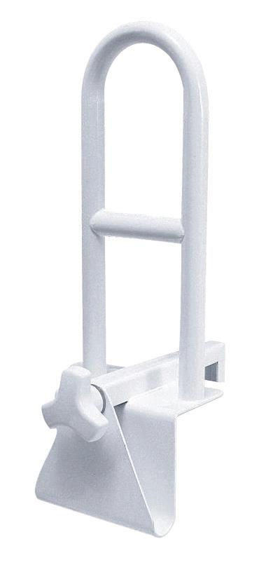 Tub grab bar with white metal frame, arched top, cross-bolt clamp base for bathtub edge mounting