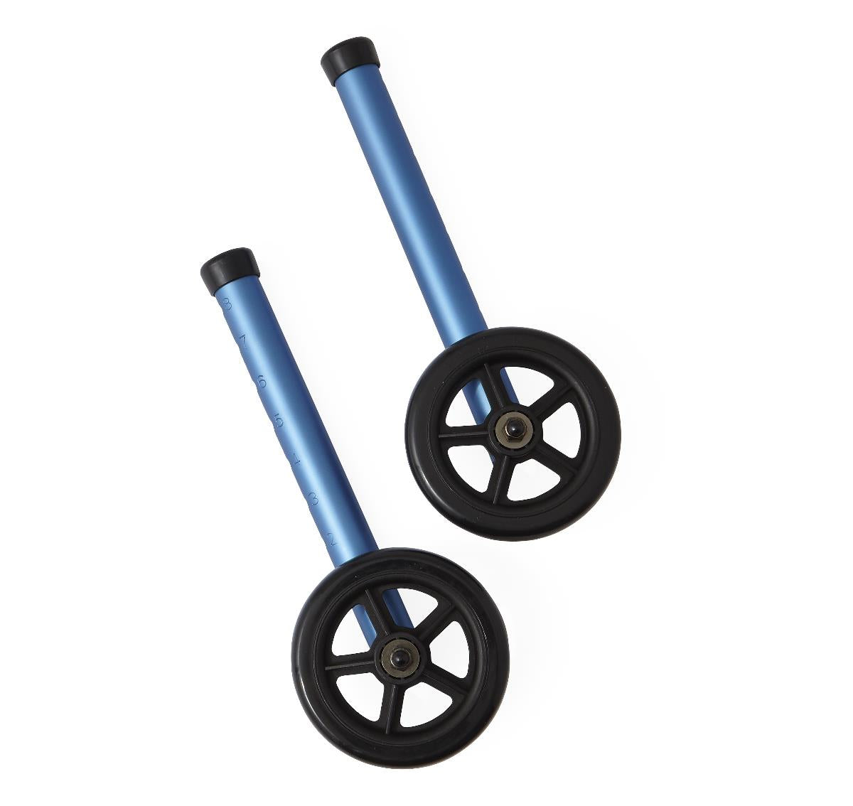 Walker wheels pair with blue aluminum legs and black five-spoke rims, shown detached on white background