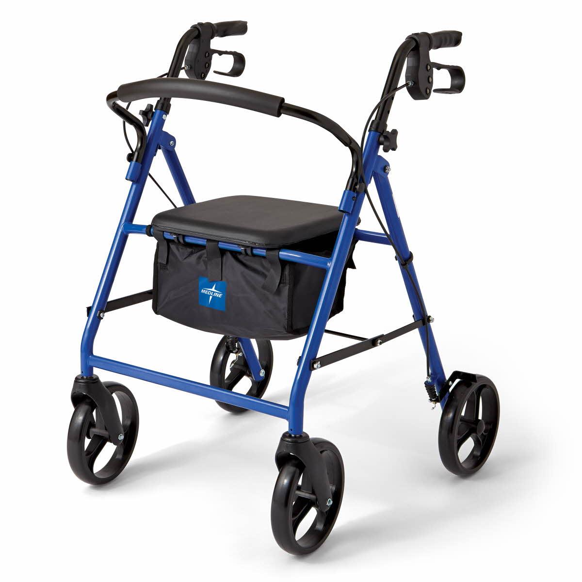 Rollator walker with blue steel frame, padded seat, hand brakes, black storage bag, and large 8-inch wheels